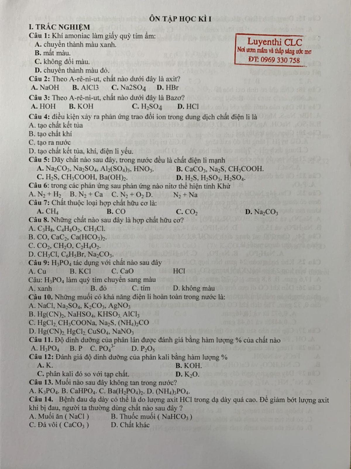 &Ocirc;n tập học k&igrave; I m&ocirc;n H&oacute;a Học