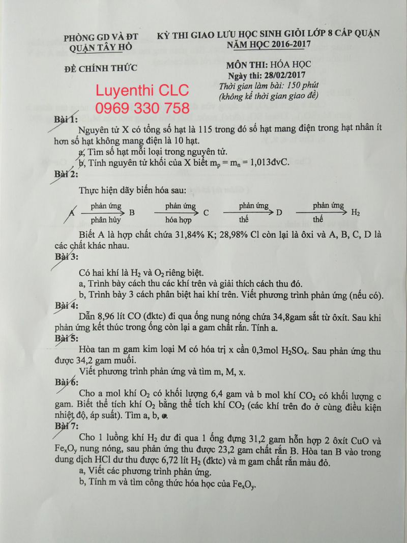 Đề thi giao lưu HSG lớp 8 cấp quận m&ocirc;n H&oacute;a  Học, quận T&acirc;y Hồ, H&agrave; Nội năm 2017