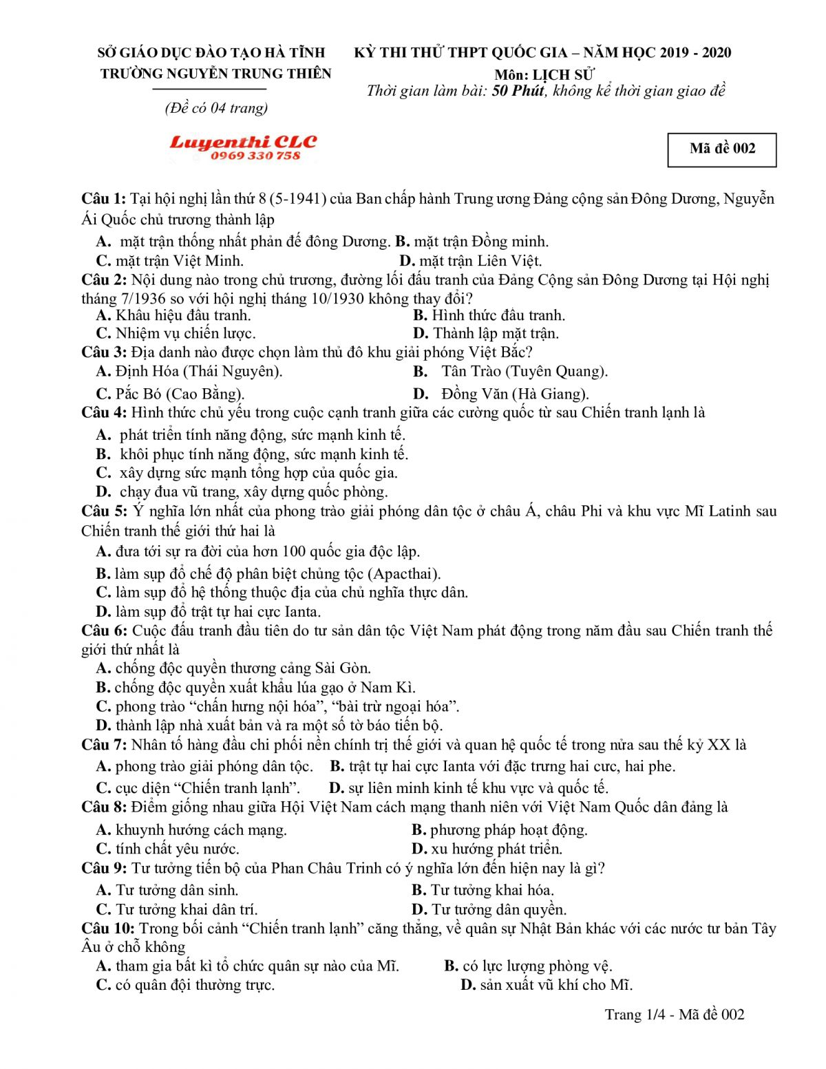 Đề thi thử THPT Quốc Gia và đáp án môn Lịch Sử - mã đề 002 Trường THPT Nguyễn Trung Thiên, tỉnh Hà Tĩnh năm 2019