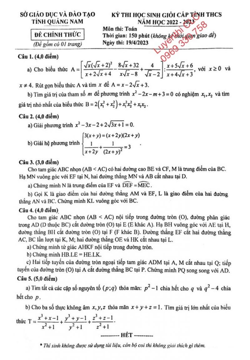 Đề thi HSG môn Toán cấp THCS tỉnh Quảng Nam năm 2023