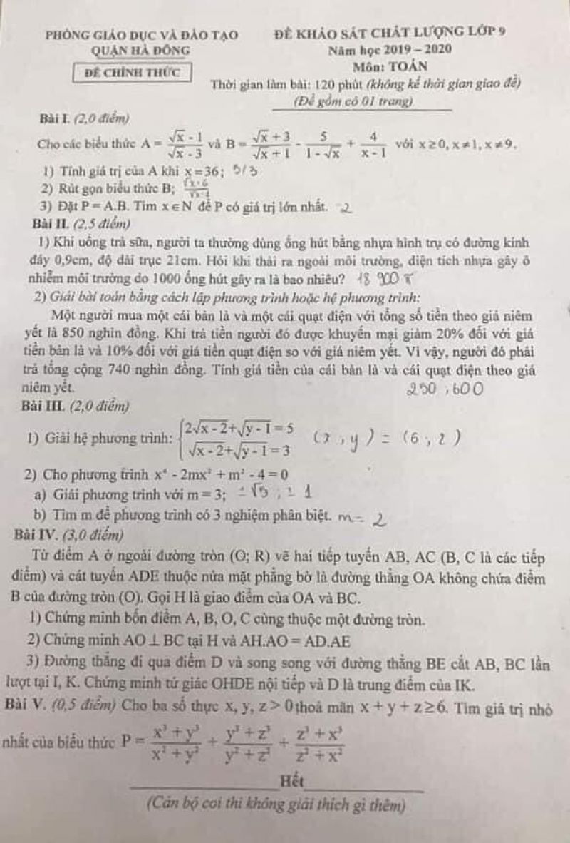 Đề khảo sát chất lượng môn Toán lớp 9 quận Hà Đông, Hà Nội năm 2019
