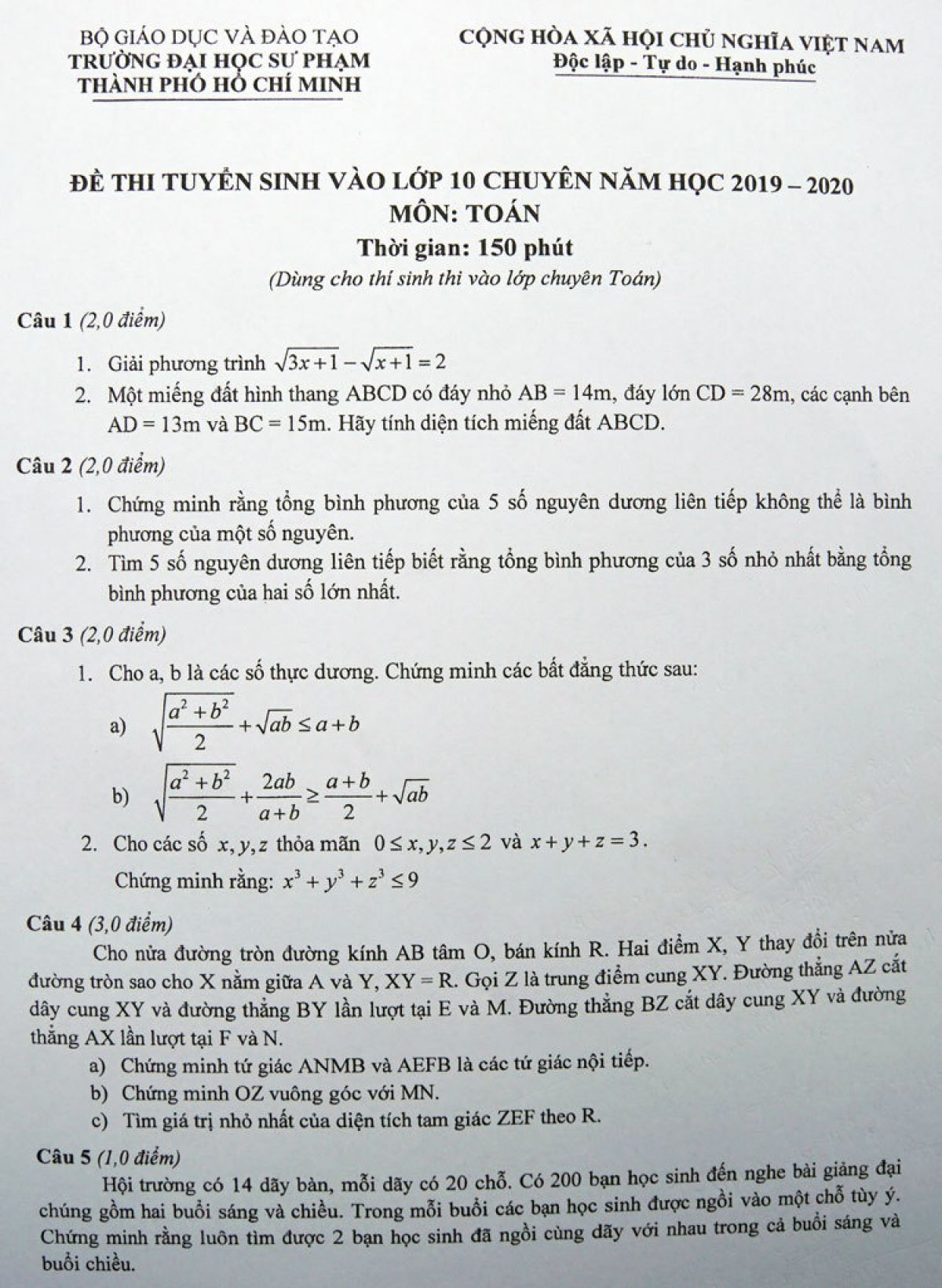 Đề thi tuyển sinh v&agrave;o lớp 10 THPT CHUY&Ecirc;N m&ocirc;n To&aacute;n Trường ĐHSP Th&agrave;nh phố Hồ Ch&iacute; Minh năm 2019