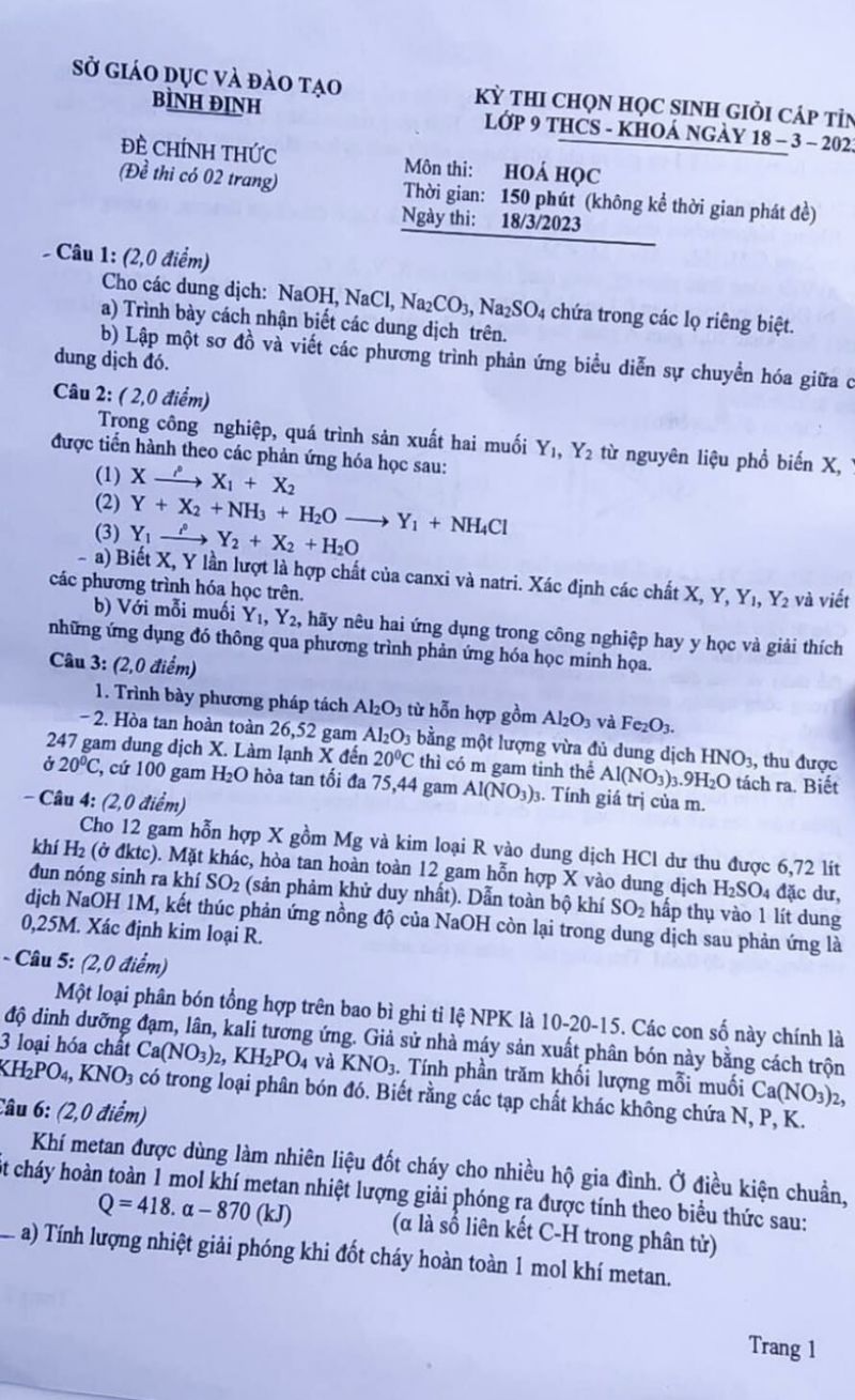 Đề thi chọn HSG môn Hóa Học lớp 9 tỉnh Bình Định năm 2023