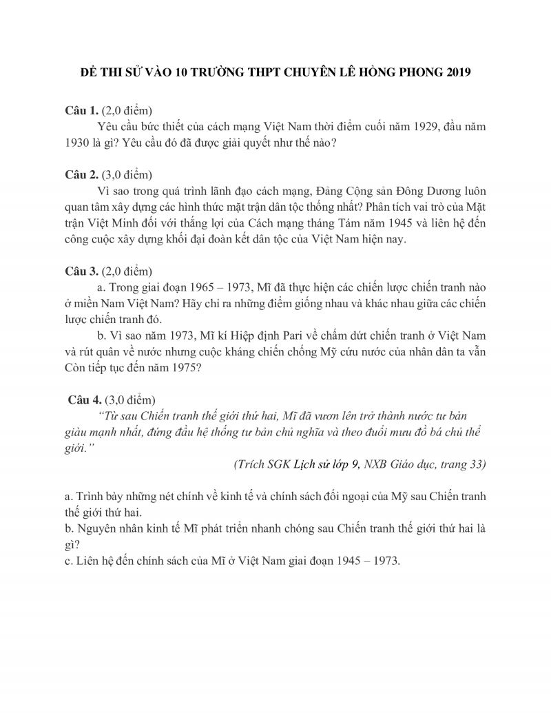 Đề thi tuyển sinh v&agrave;o lớp 10 m&ocirc;n Lịch Sử Trường THPT CHUY&Ecirc;N L&ecirc; Hồng Phong năm 2019