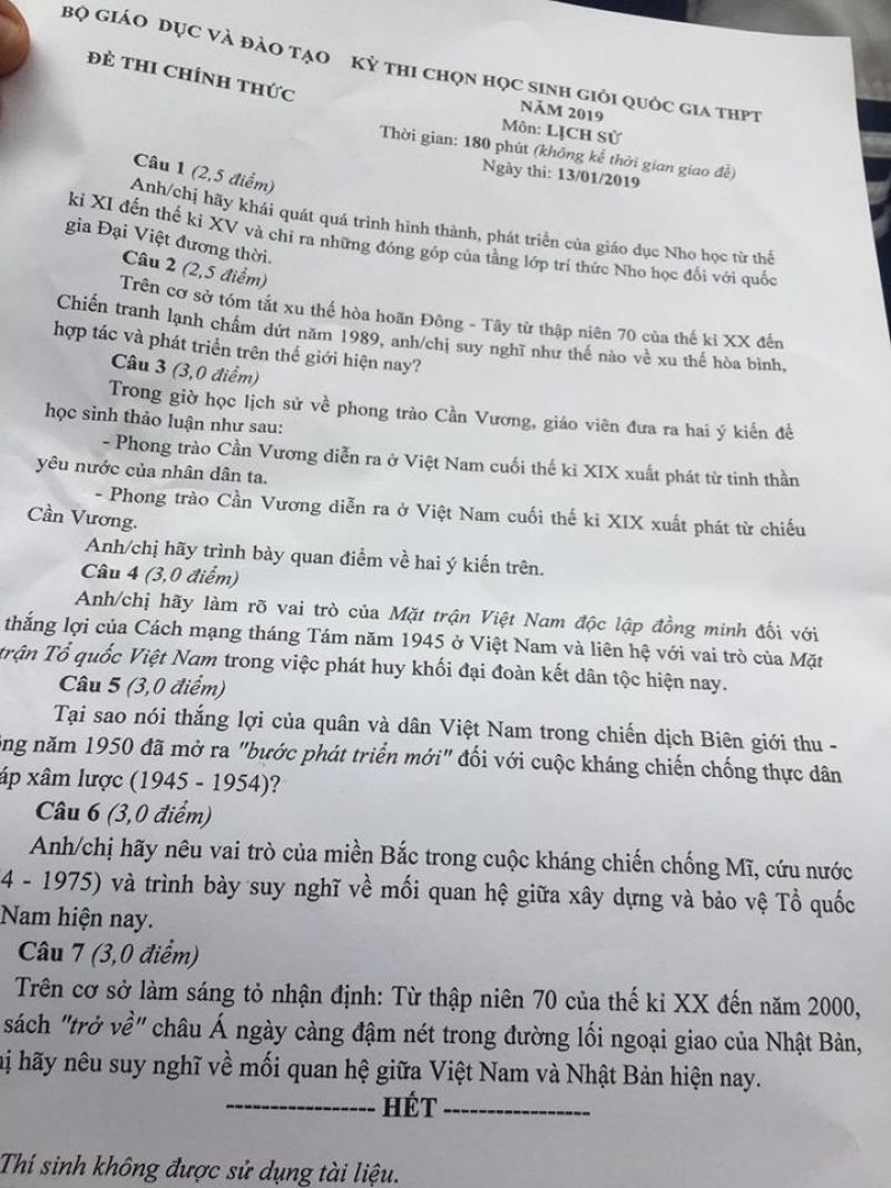 Đề thi chọn HSG Quốc Gia THPT môn Lịch Sử năm 2019