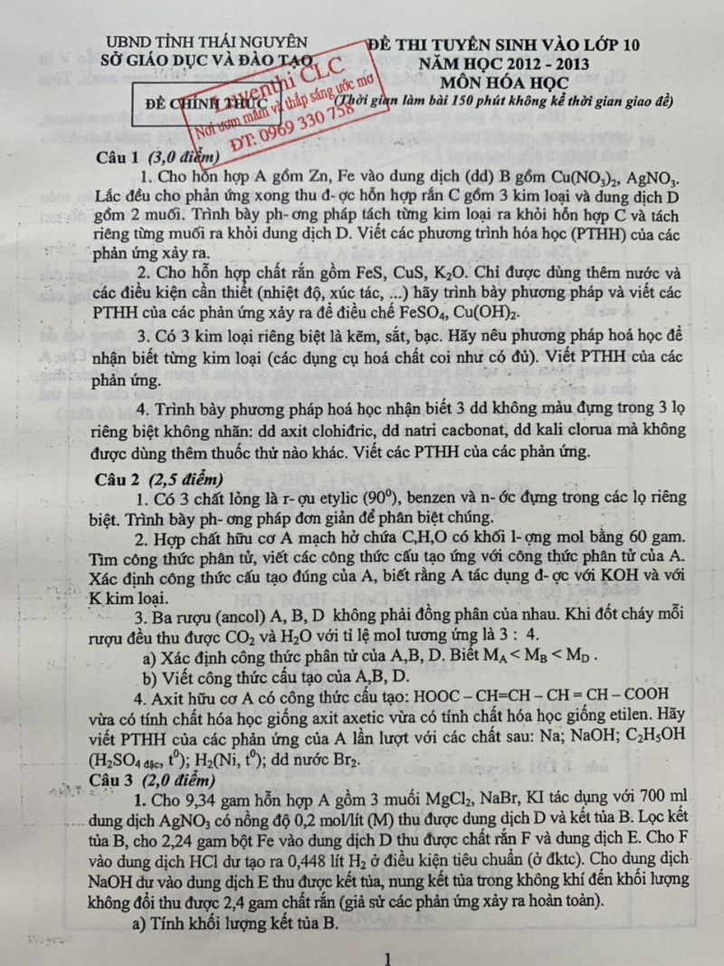 Đề thi tuyển sinh v&agrave;o lớp 10 THPT CHUY&Ecirc;N v&agrave; đ&aacute;p &aacute;n m&ocirc;n H&oacute;a Học tỉnh Th&aacute;i Nguy&ecirc;n năm 2012