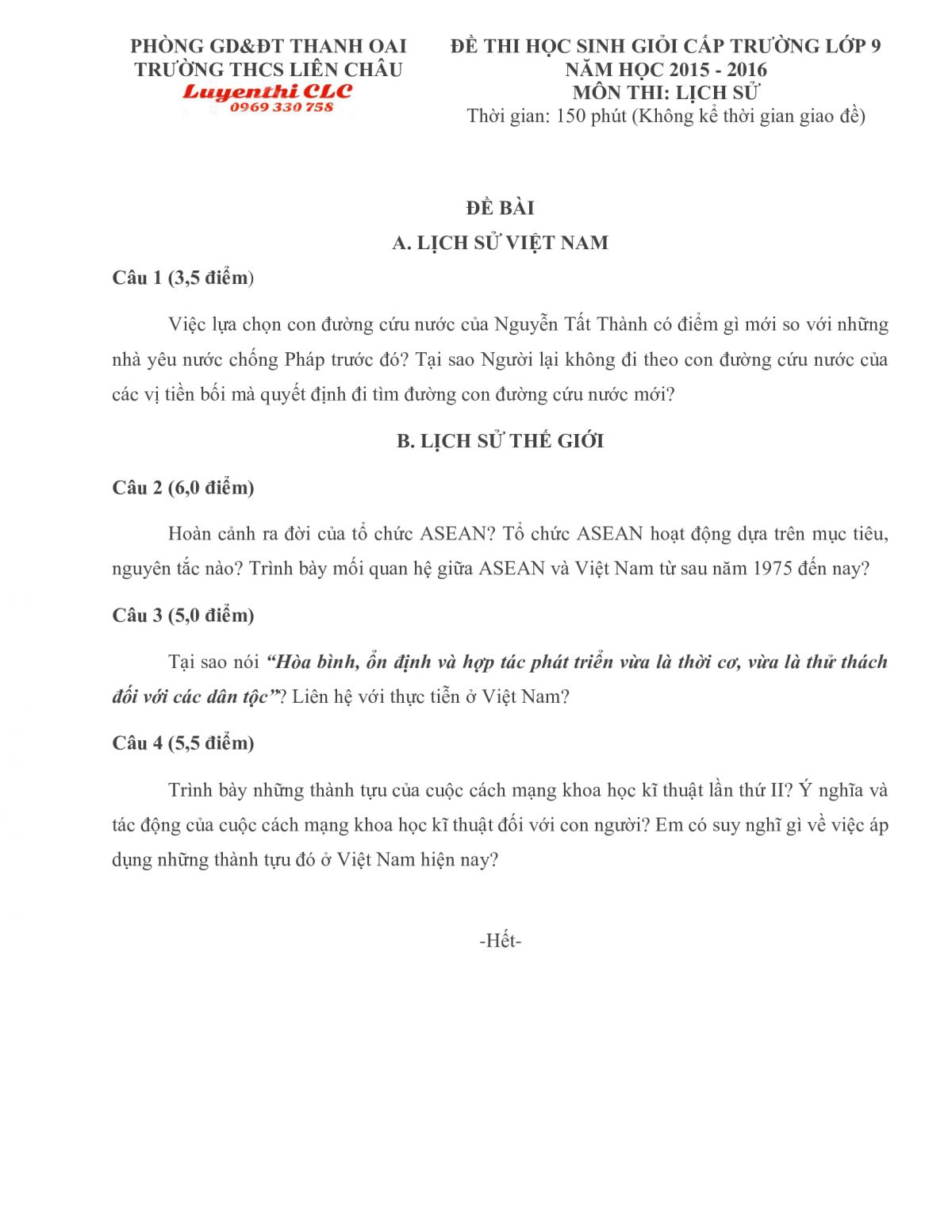 Đề thi HSG m&ocirc;n Lịch Sử lớp 9 Trường THCS Li&ecirc;n Ch&acirc;u huyện Thanh Oai, H&agrave; Nội năm 2015