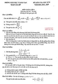Đề kiểm tra học k&igrave; II m&ocirc;n To&aacute;n lớp 9 quận T&acirc;y Hồ, H&agrave; Nội năm 2019