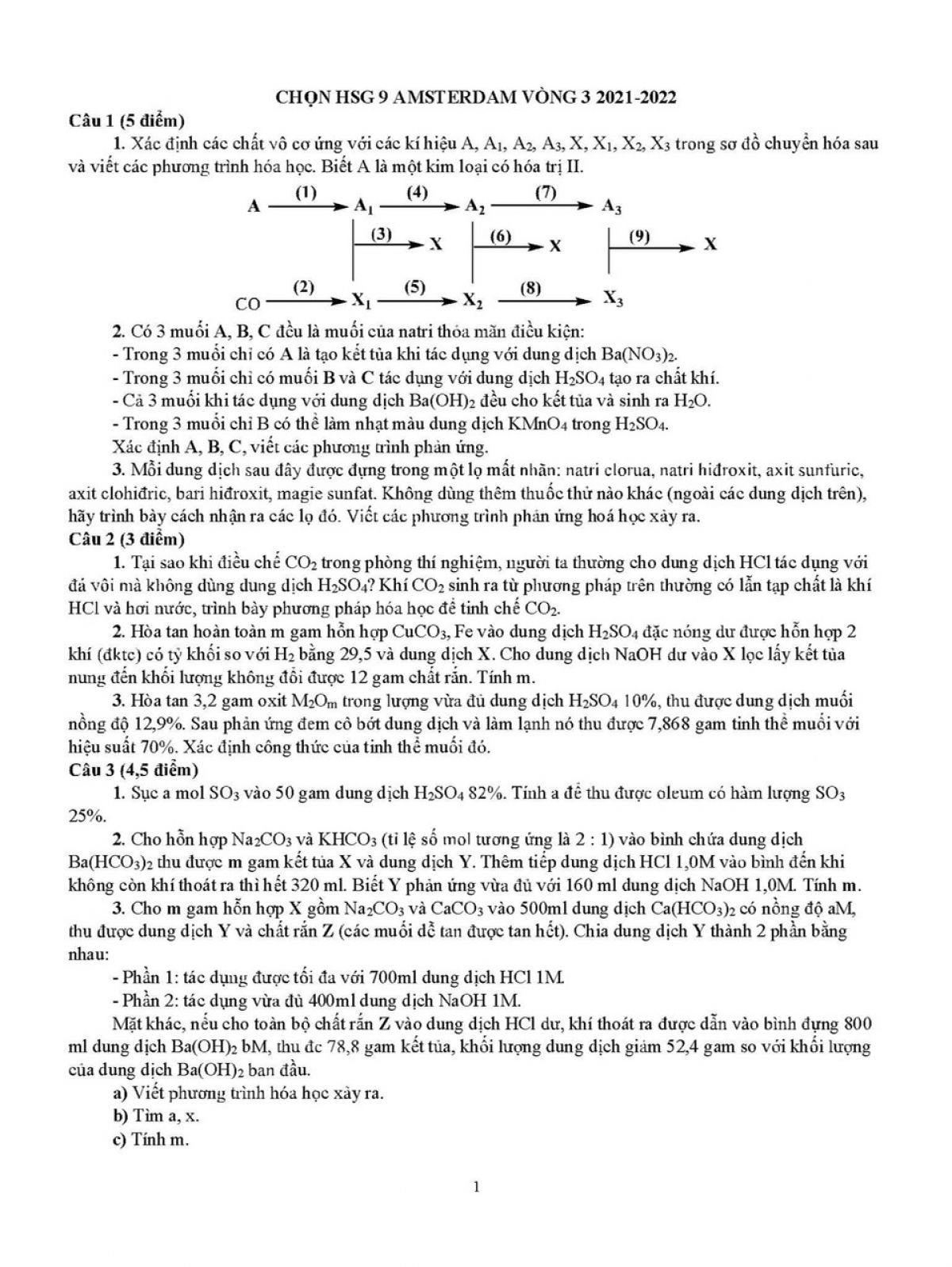 Đề thi chọn HSG m&ocirc;n H&oacute;a Học lớp 9 Trường AMSTERDAM năm 2022