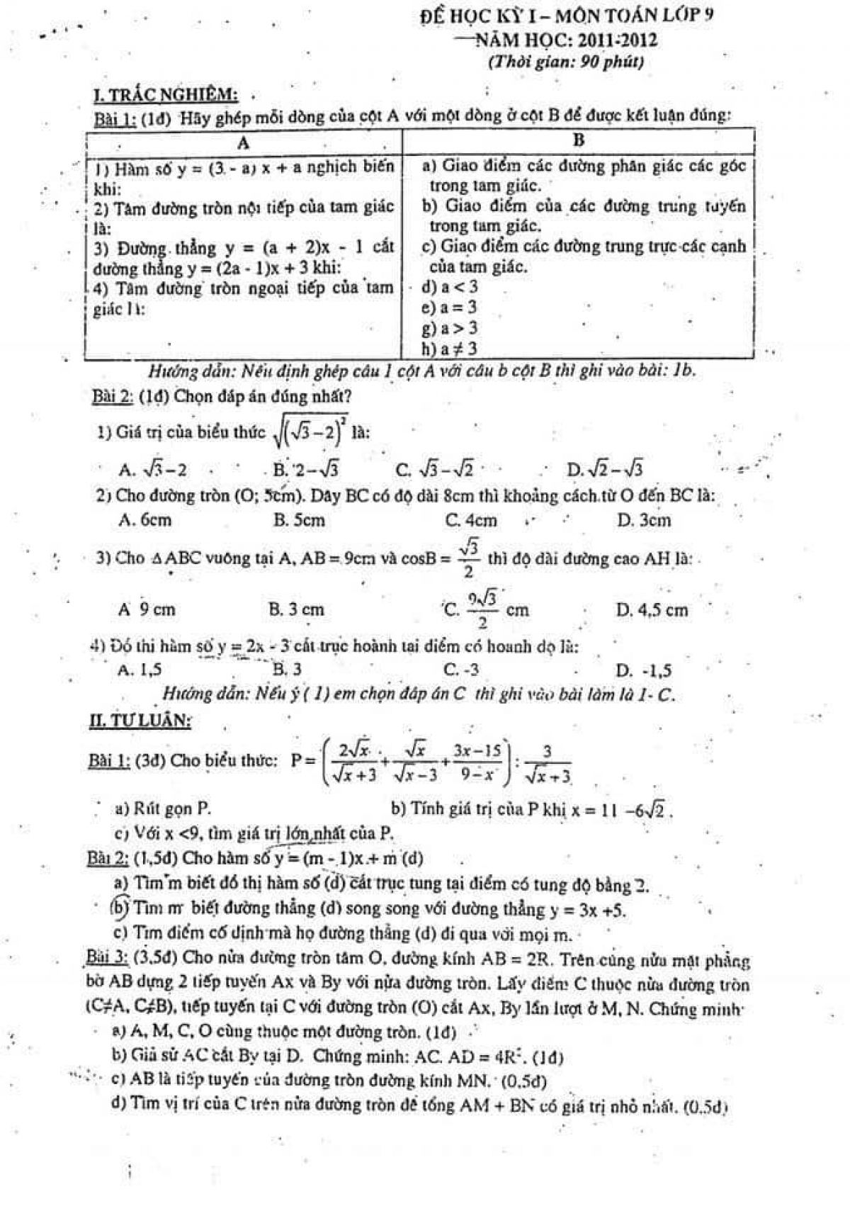 Đề kiểm tra học k&igrave; I m&ocirc;n To&aacute;n 9 năm 2011