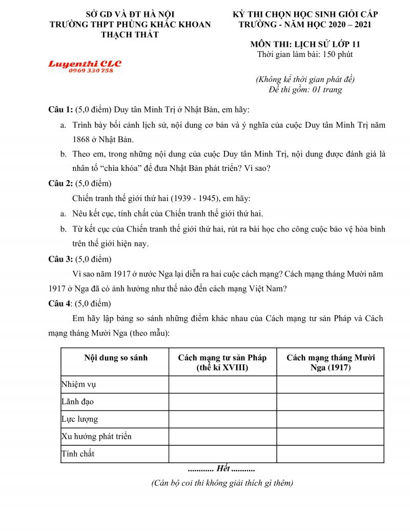 Đề thi chọn HSG môn Lịch Sử lớp 11 Trường THPT Phùng Khắc Khoan, Thạch Thất, Hà Nội năm 2020