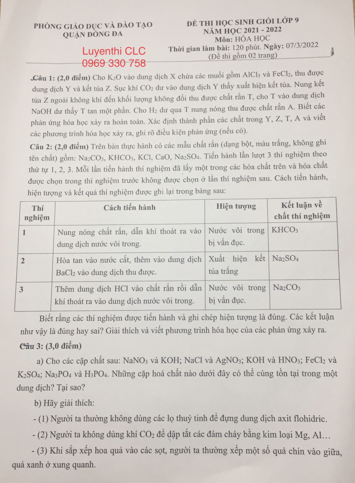 Đề thi HSG môn Hoá học của quận Đống Đa - thành phố Hà Nội năm 2022