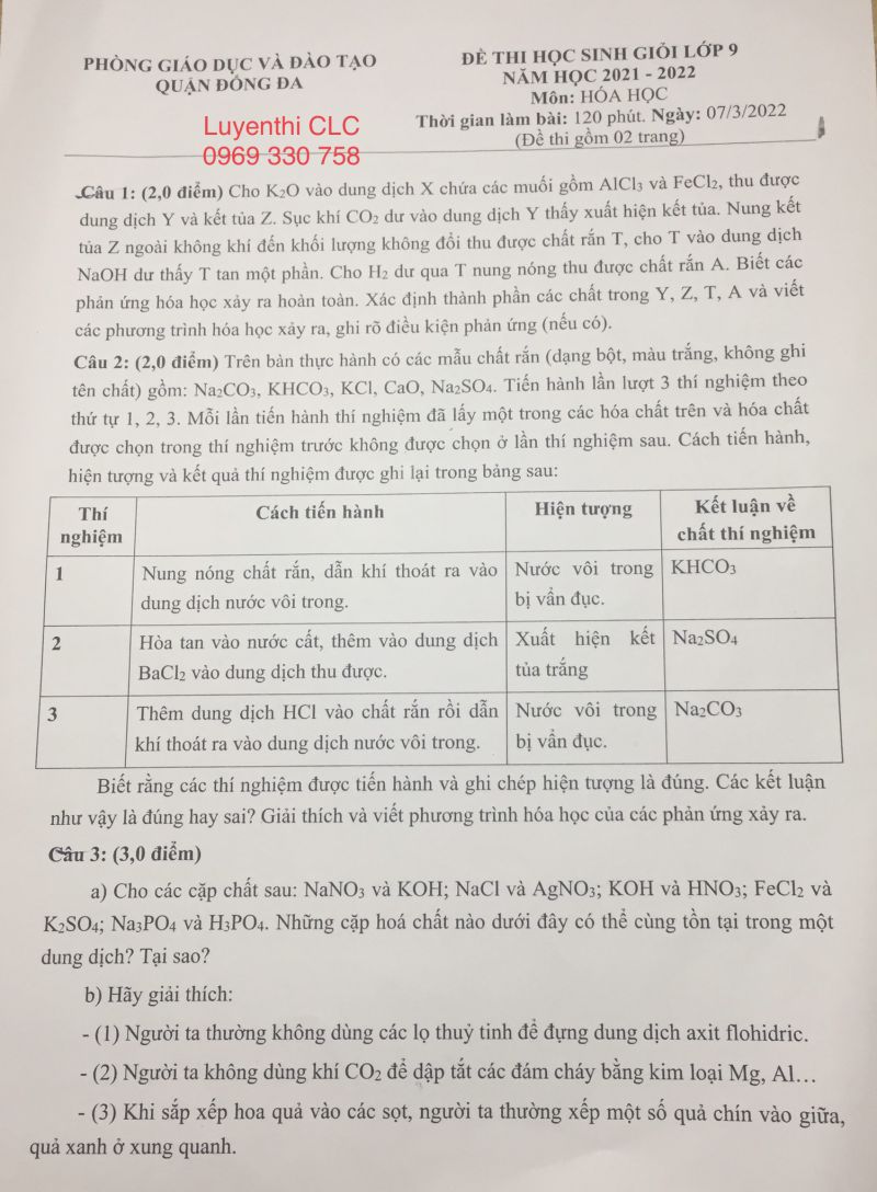 Đề thi HSG m&ocirc;n Ho&aacute; học của quận Đống Đa - th&agrave;nh phố H&agrave; Nội năm 2022