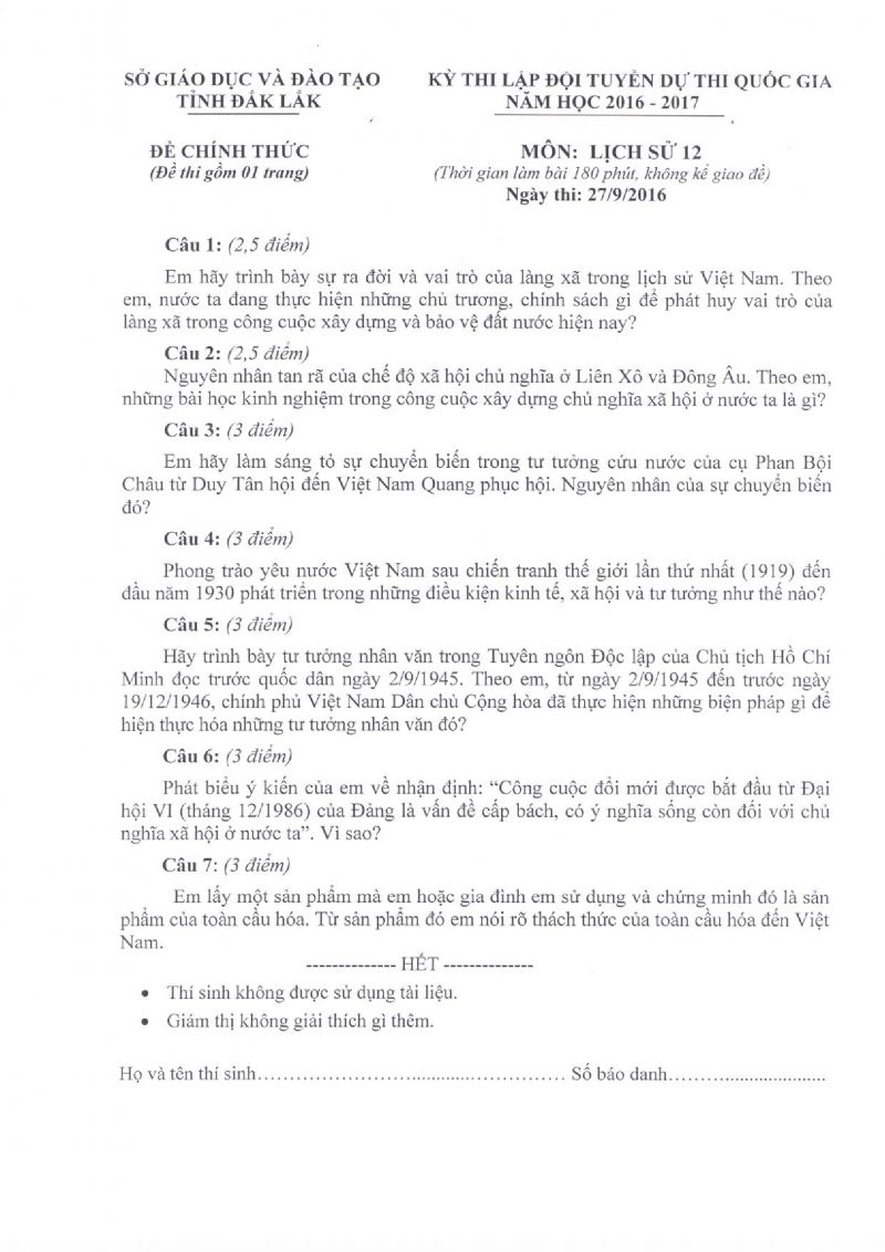 Đề thi chọn đội tuyển HSG lớp 12 THPT dự thi cấp quốc gia môn Lịch Sử Tỉnh Đắk Lắk năm 2016