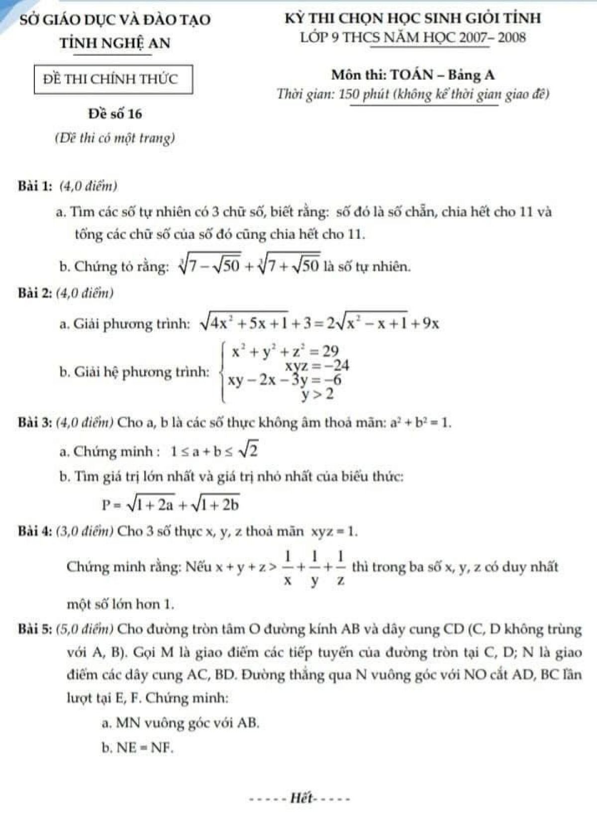 Đề thi chọn HSG môn Toán lớp 9 THCS tỉnh Nghệ An từ năm 2007 - 2019