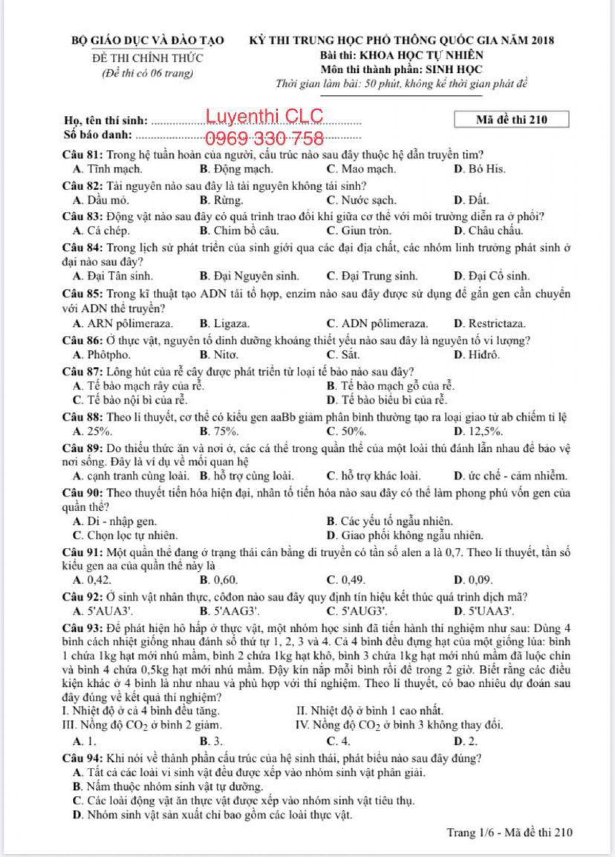 Đề thi THPT quốc gia m&ocirc;n Sinh học năm 2018 M&atilde; đề  210