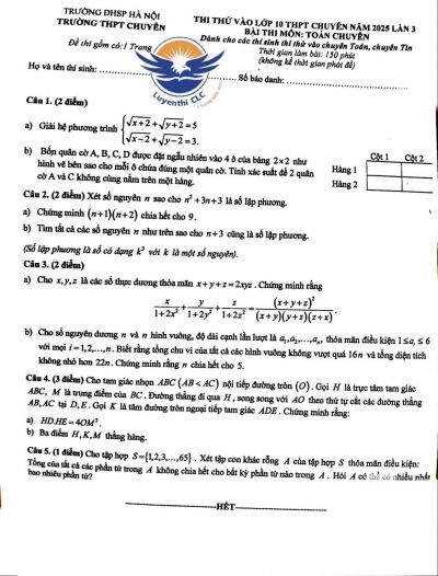 Đề thi vào 10 - Chuyên Sư Phạm lần 3 môn Toán chuyên năm 2025