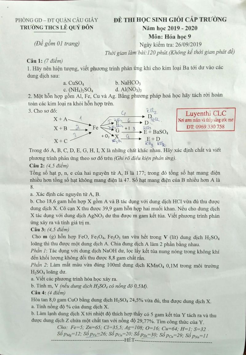 Đề thi HSG cấp trường môn Hóa Học 9 Trường THCS Lê Qúy Đôn năm 2019
