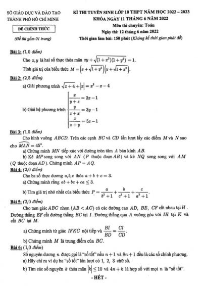 Đề thi tuyển sinh vào lớp 10 THPT môn Toán Thành phố Hồ Chí Minh năm 2022