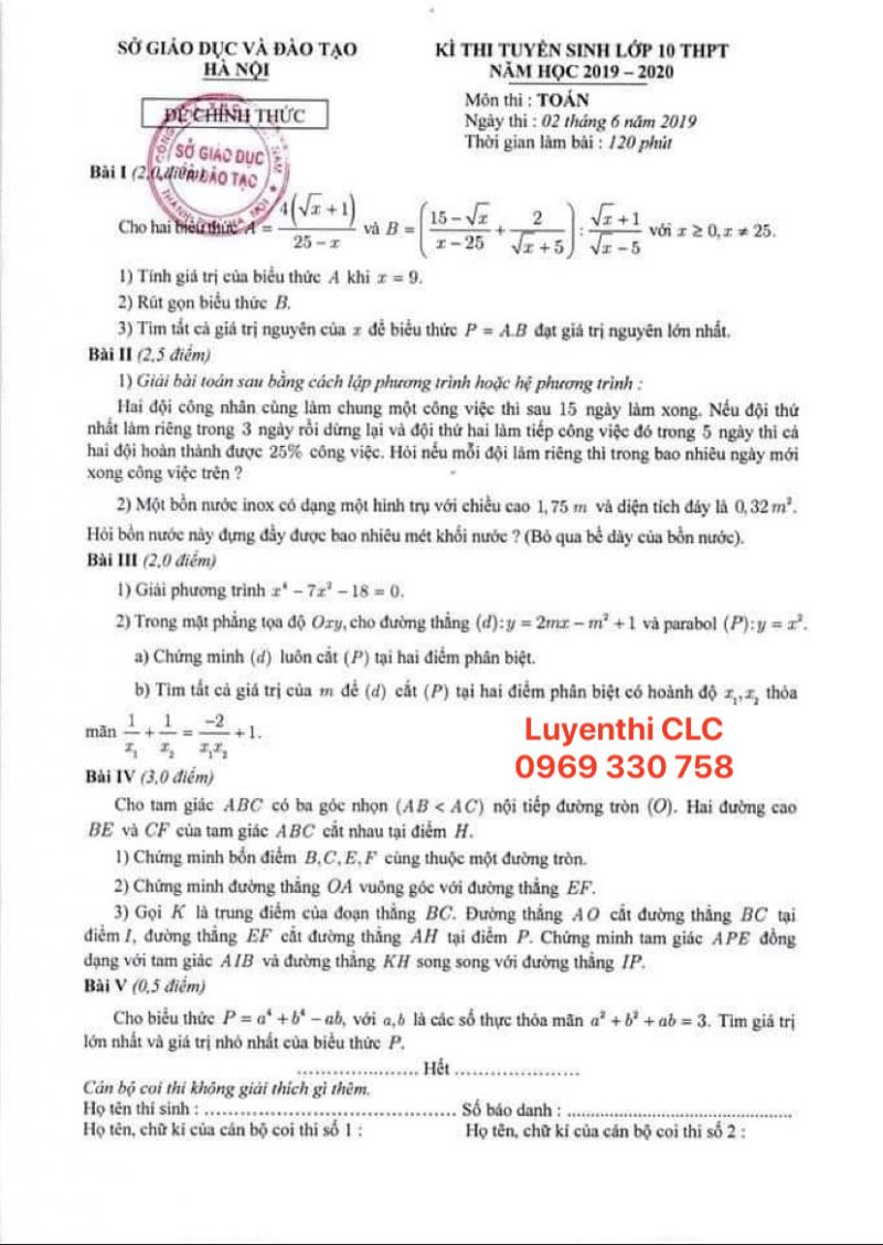 Đề thi tuyển sinh lớp 10 THPT và đáp án môn TOÁN  Hà Nội ngày 02/06/2020