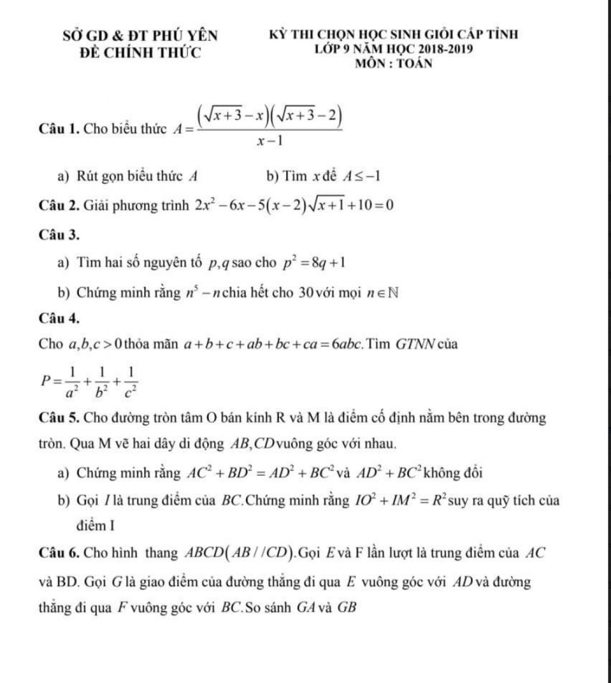 Đề thi chọn HSG môn Toán lớp 9 tỉnh Phú Yên năm 2019