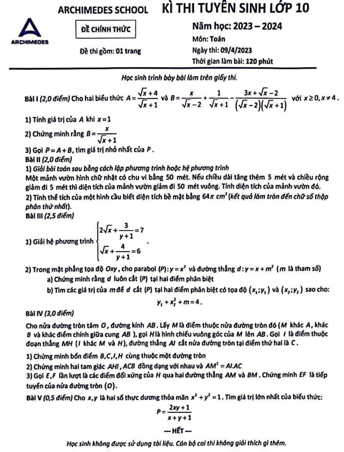 Đề thi tuyển sinh v&agrave;o lớp 10 M&ocirc;n To&aacute;n Trường Archimedes School năm 2023