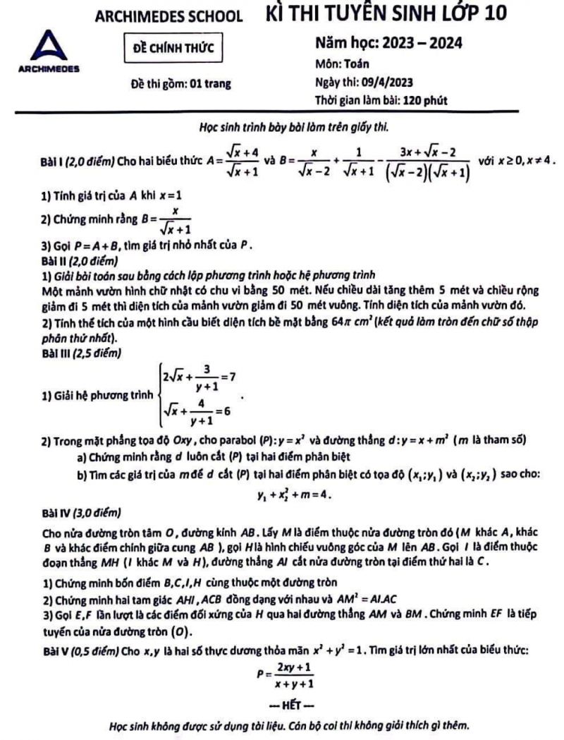 Đề thi tuyển sinh vào lớp 10 Môn Toán Trường Archimedes School năm 2023