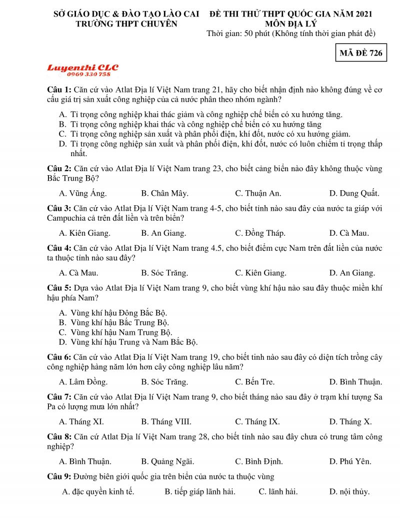 Đề thi thử THPT Quốc Gia môn Địa Lý Trường THPT CHUYÊN tỉnh Lào Cai năm 2021