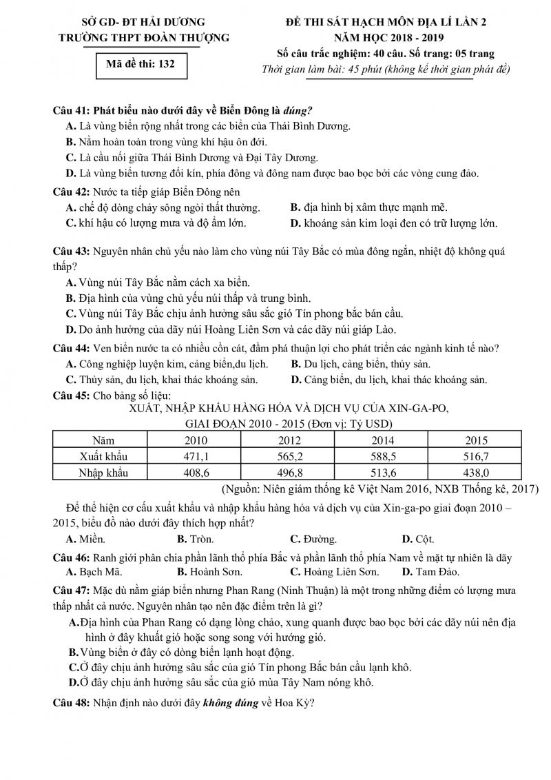 Đề thi sát hạch môn Địa Lý 12 lần 2 Trường THPT Đoàn Thượng tỉnh Hải Dương năm 2018