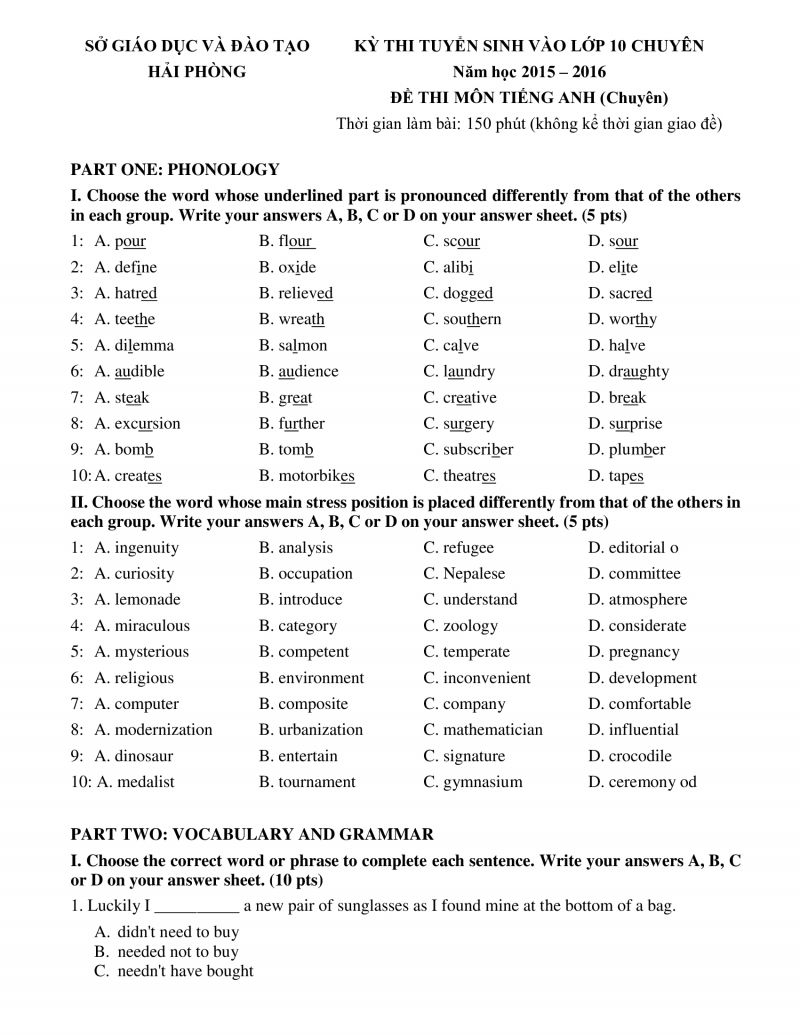 Đề thi tuyển sinh vào lớp 10 môn Tiếng Anh (Chuyên) tại Hải Phòng năm 2016