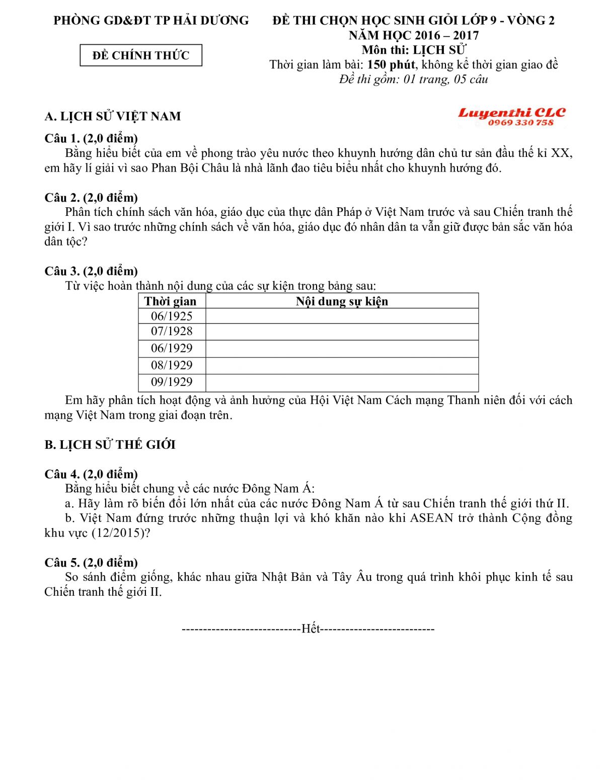 Đề thi chọn HSG lớp 9 - v&ograve;ng 2 m&ocirc;n Lịch Sử tỉnh Hải Dương năm 2016