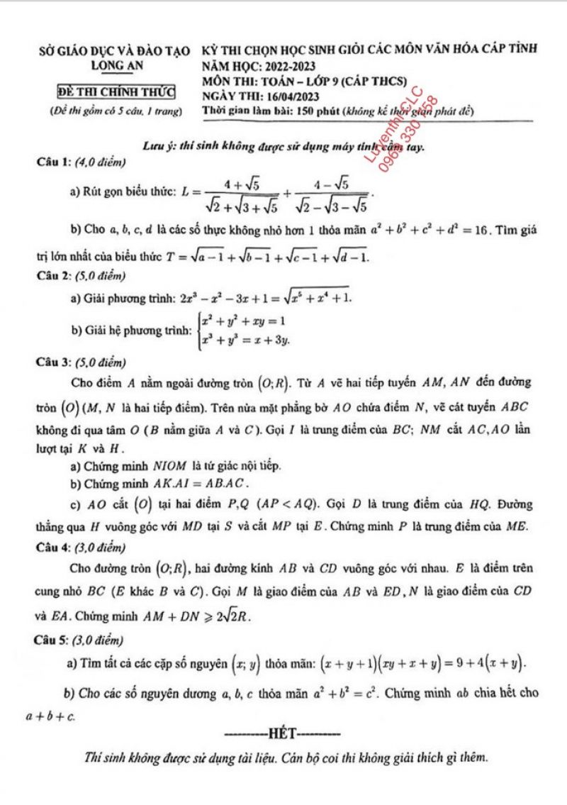 Đề thi chọn HSG môn Toán lớp 9 tỉnh Long An năm 2023