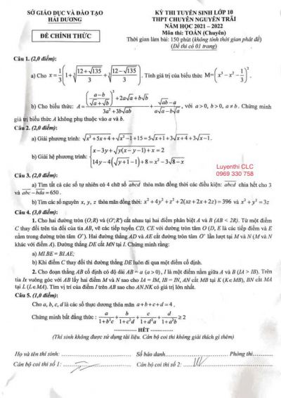 Đề thi tuyển sinh vào lớp 10 THPT CHUYÊN Nguyễn Trãi môn Toán tỉnh Hải Dương năm 2021