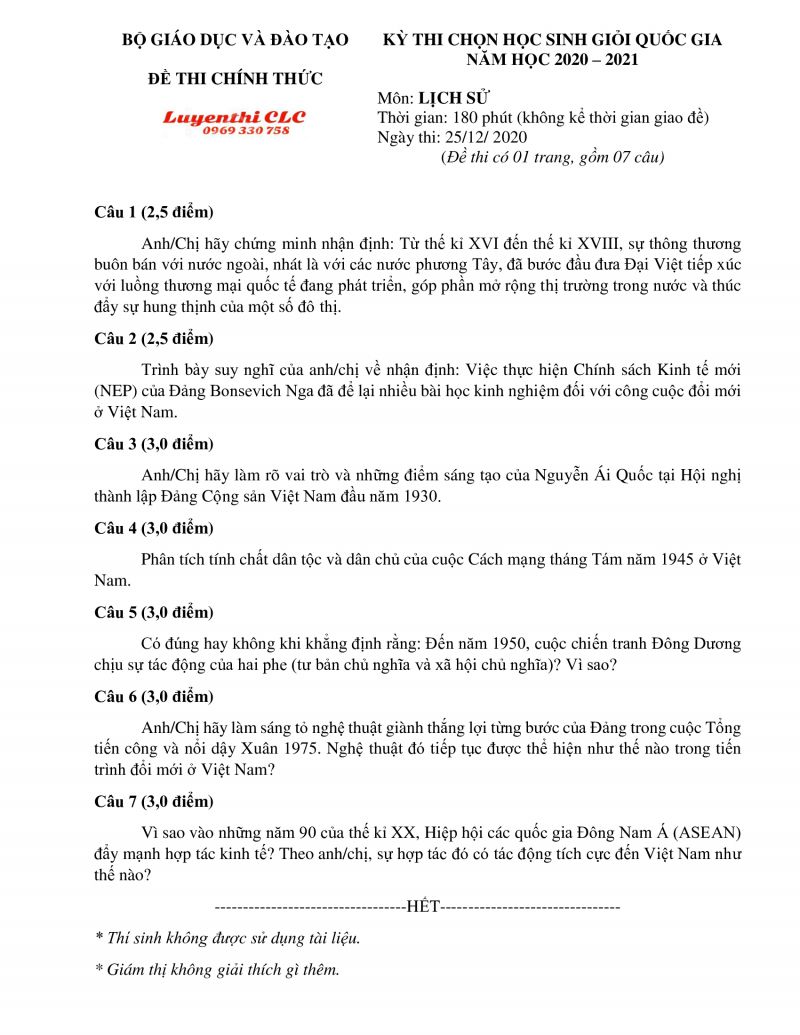 Đề thi chọn HSG THPT Quốc Gia m&ocirc;n Lịch Sử năm 2020