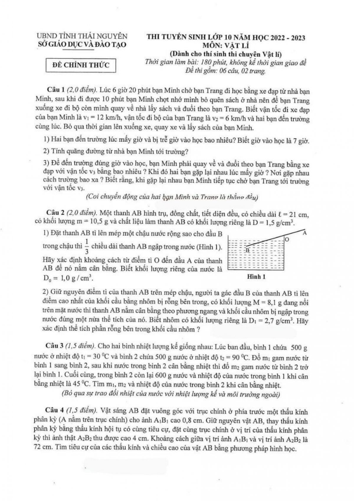 Đề thi tuyển sinh vào lớp 10 và đáp án môn Vật Lí Chuyên tỉnh Thái Nguyên năm 2022