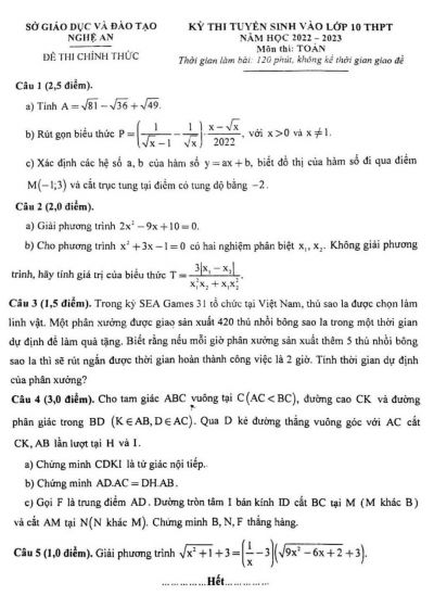 Đề thi tuyển sinh vào lớp 10 THPT môn Toán tỉnh Nghệ An năm 2022