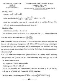 Đề thi tuyển sinh vào lớp 10 THPT môn Toán tỉnh Nghệ An năm 2022
