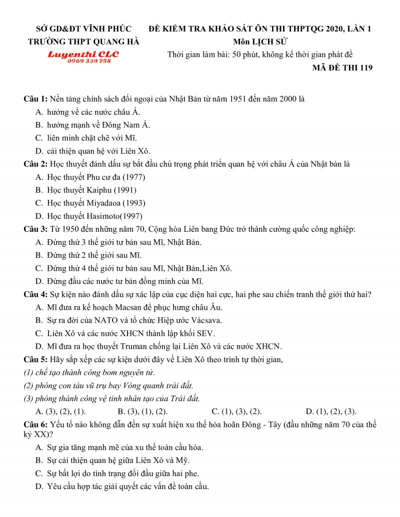 Đề khảo sát thi THPT Quốc Gia lần 1 môn Lịch Sử Trường THPT Quang Hà tỉnh Vĩnh Phúc năm 2020