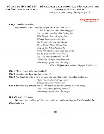 Đề khảo sát chất lượng đầu năm học môn Ngữ Văn khối 11 Trường THPT Nguyễn Huệ, tỉnh Phú Yên năm 2016