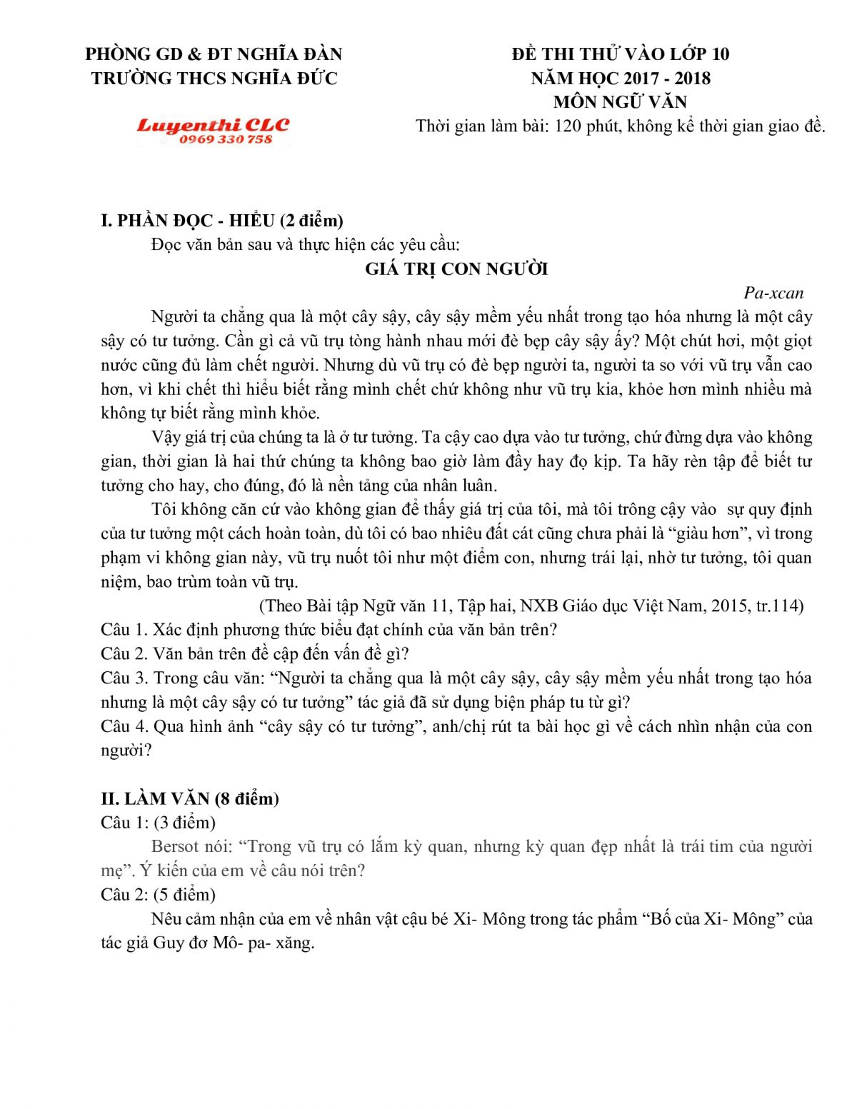 Đề thi thử tuyển sinh v&agrave;o lớp 10 THPT m&ocirc;n Ngữ Văn Trường THCS Nghĩa Đức, huyện Nghĩa Đ&agrave;n, tỉnh Nghệ An năm 2017