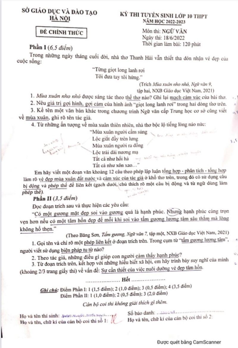Đề thi tuyển sinh vào lớp 10 THPT môn Ngữ Văn tại Hà Nội năm 2022