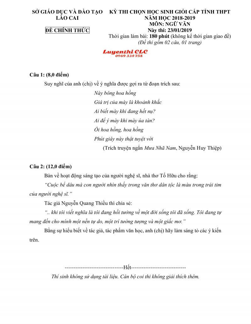 Đề thi chọn HSG cấp tỉnh THPT m&ocirc;n Ngữ Văn tỉnh L&agrave;o Cai năm 2018