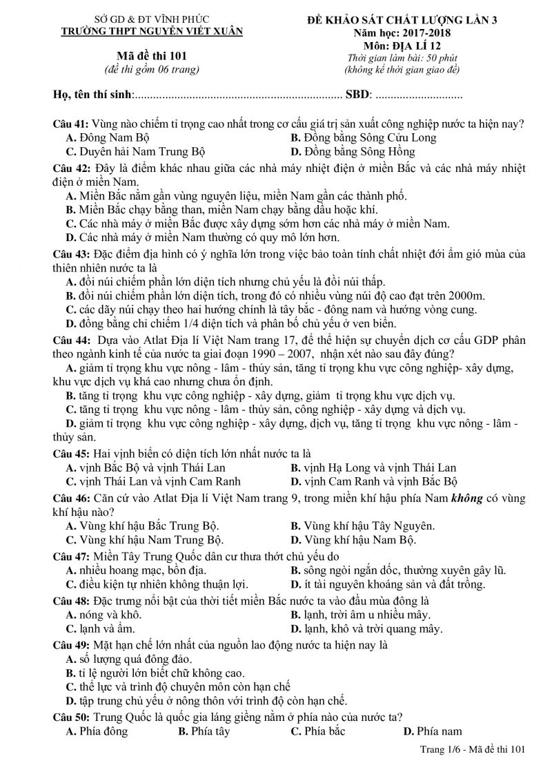 Đề khảo sát chất lượng lần 3 và đáp án môn Địa Lý lớp 12 Trường THPT Nguyễn Viết Xuân, tỉnh Vĩnh Phúc năm 2018