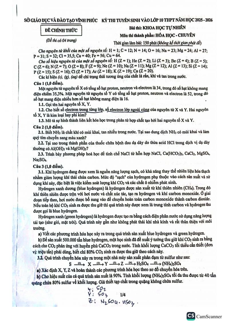 Đề thi tuyển sinh vào 10 môn Hóa (chuyên) - Sở Vĩnh Phúc năm 2025