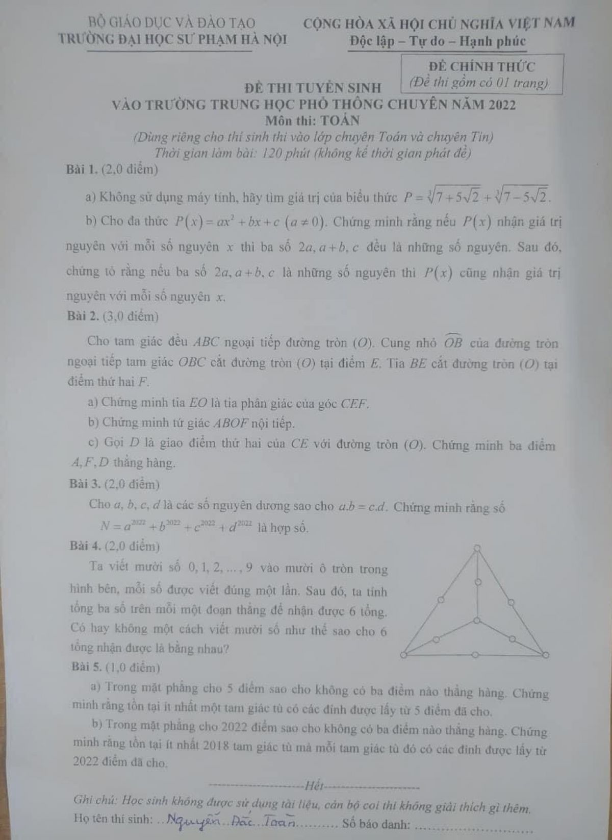 Đề thi tuyển sinh vào lớp 10 THPT môn Toán Trường THPT CHUYÊN Đại học Sư phạm Hà Nội năm 2022 ( Dành riêng cho thí sinh thi vào chuyên Toán và chuyên Tin)