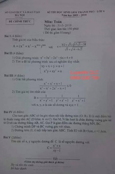 Đề thi chọn HSG môn Toán lớp 9 tại Hà Nội năm 2010