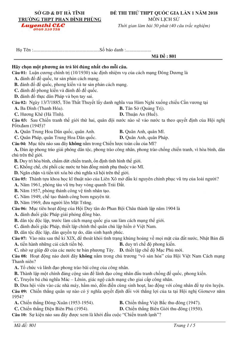 Đề thi thử THPT Quốc Gia lần 1 m&ocirc;n Lịch Sử - m&atilde; đề 801 tỉnh H&agrave; Tĩnh năm 2018