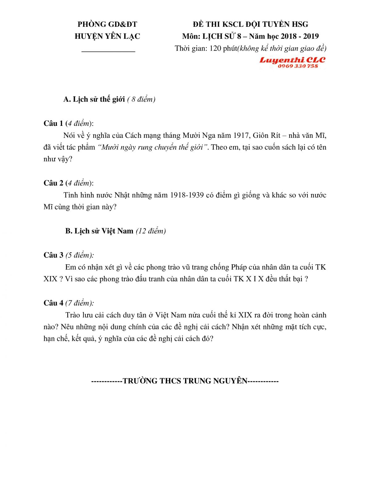 Đề thi khảo sát chất lượng đội tuyển HSG môn Lịch Sử lớp 8 huyện Yên Lạc, tỉnh Vĩnh Phúc năm 2018