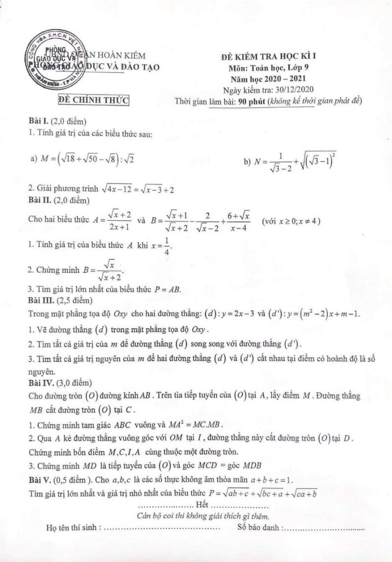 Đề kiểm tra học k&igrave; I m&ocirc;n To&aacute;n lớp 9 quận Ho&agrave;n Kiếm, H&agrave; Nội năm 2020
