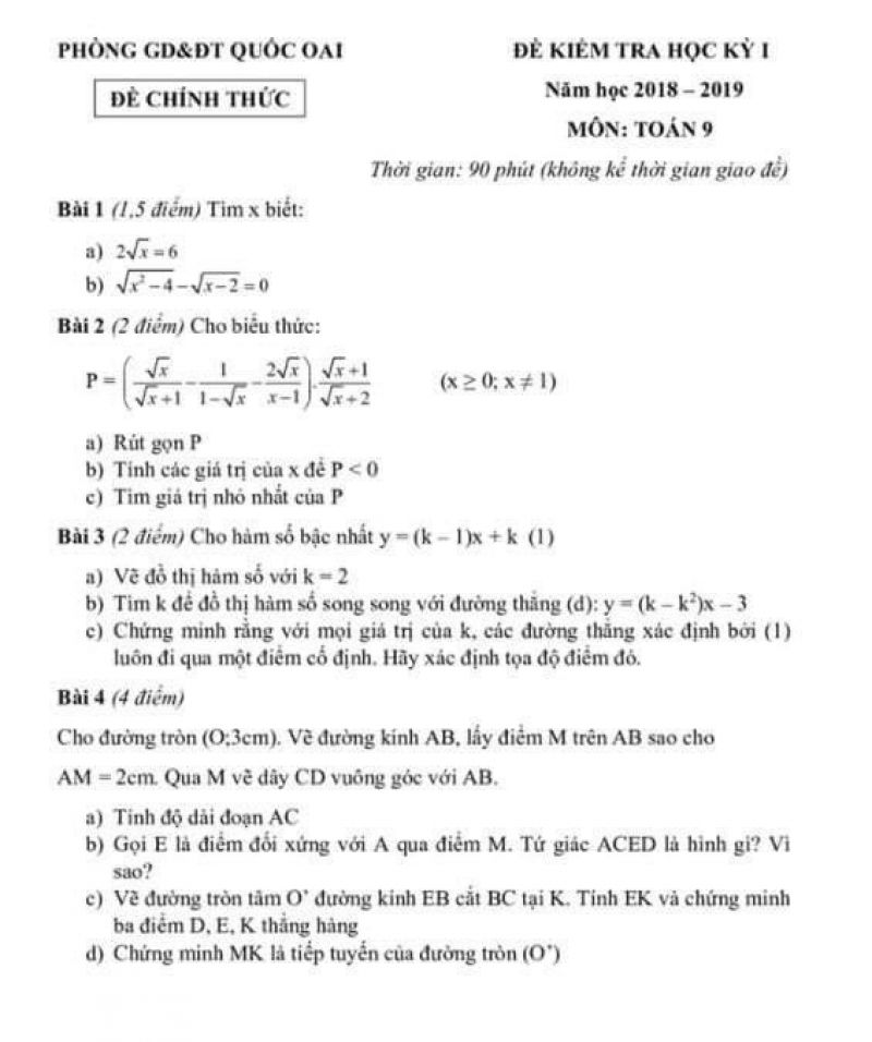 Đề kiểm tra học kì I môn Toán lớp 9 huyện Quốc Oai, Hà Nội năm 2019
